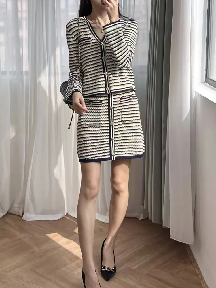 Early Spring New Fashion Contrast Color Stripe Knitted Set Women Elegant V neck Short Cardigan Or High Waist Skirt Ladies