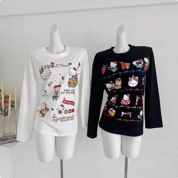 Streetwear Loose Cute Hello Kitty Graphic T Shirts Woman Clothes Long Sleeve Korean Fashion 2000s Clothes Y2k Tees Female Chic