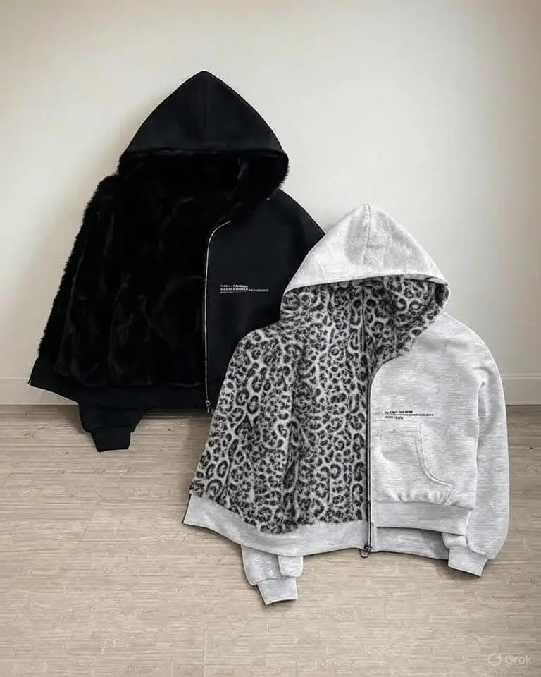 American Fashion Reversible Faux Fur Leopard Zipper Hoodie Mens