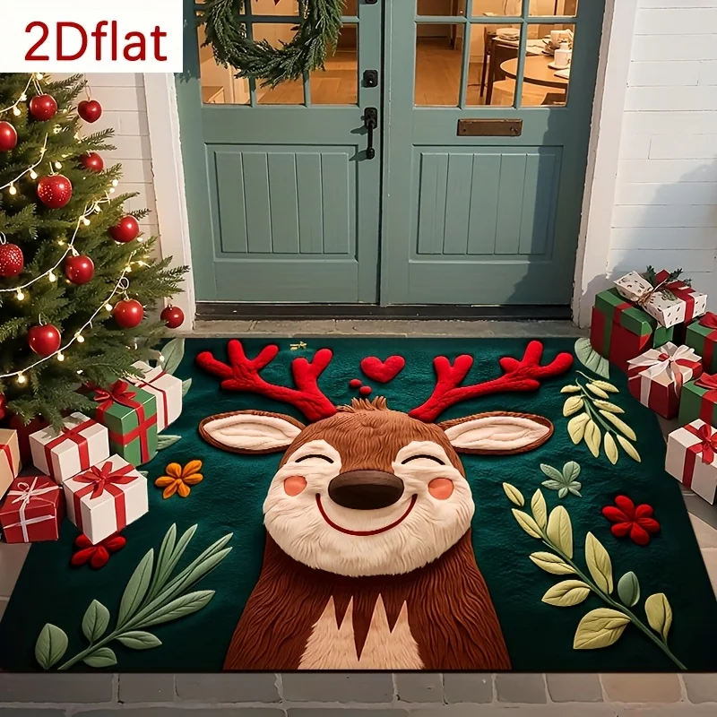 Christmas Cute Deer Red Antler Area Rug Floral Leaf Printed Floor Mat Indoor Entry Decor