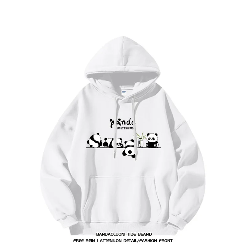 Cute panda print hooded sweater female couple fashion retro casual Joker autumn and winter coat loose western-style top.