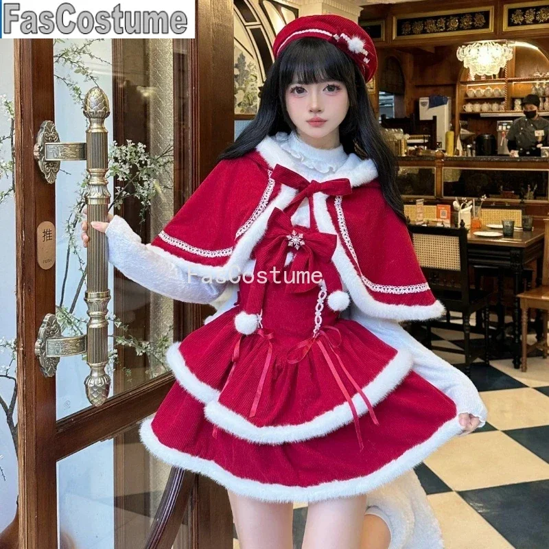 

Japanese Kawaii Lolita Dress Sets Women Hooded Shawl Short Jackets Bow Mini Skirt Korean Style Sweet Red Christmas New Year Suit