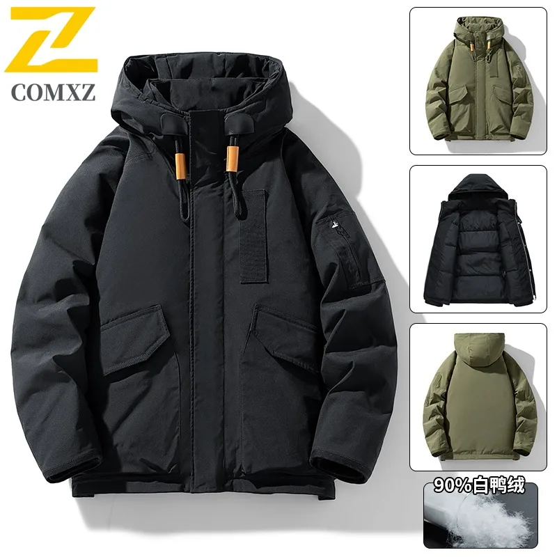 

COMXZ 2025 Winter Puffer Jacket Mens New Hooded Snowboard Thickened Padding Coat Camping Versatile Wear Daily Outerwear