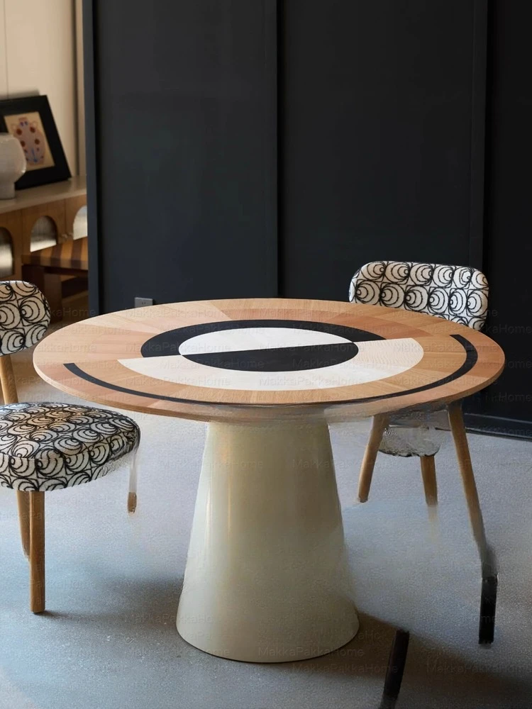 

Vintage Creative Round Bullseye Color Block Retro Solid Wood Dining Table for Home Use