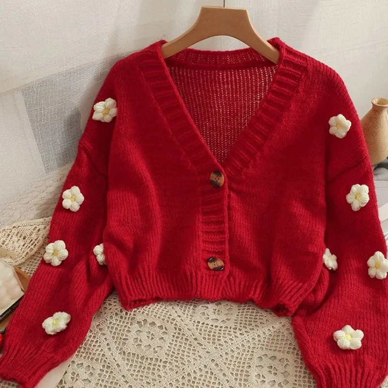 

New Autumn Winter Colourful Applique Flower Cardigan For Women Girl Cute Soft Knitwear Long V-neck Knit Crop Sweater