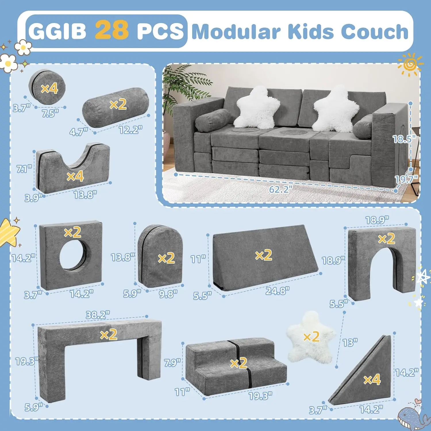 Conjunto de sofá infantil modular com 28 blocos de espuma para construção DIY, dobras e jogo de sofá em cinza escuro