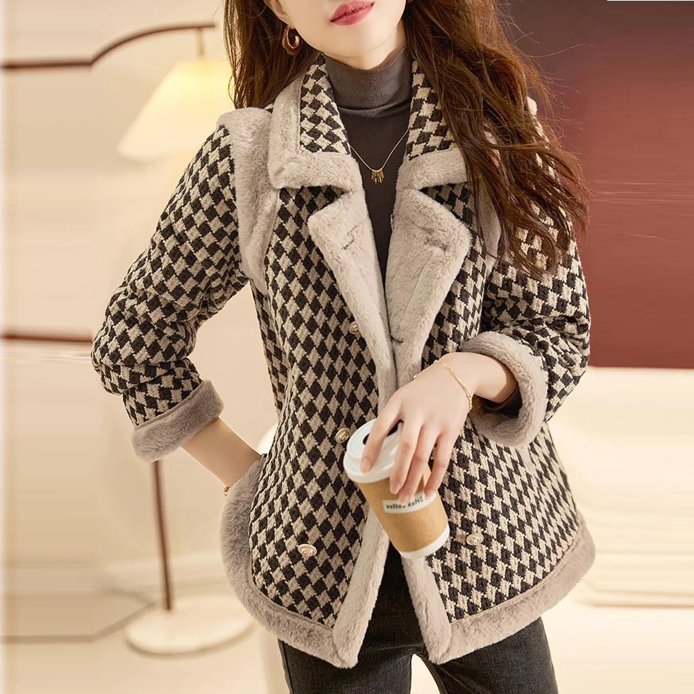 Small Fragrant Fashion Plaid Cotton Jacket 2023 Autumn Winter Turn-down Collar Single Breasted Coat Women's Vintage Casual Coat