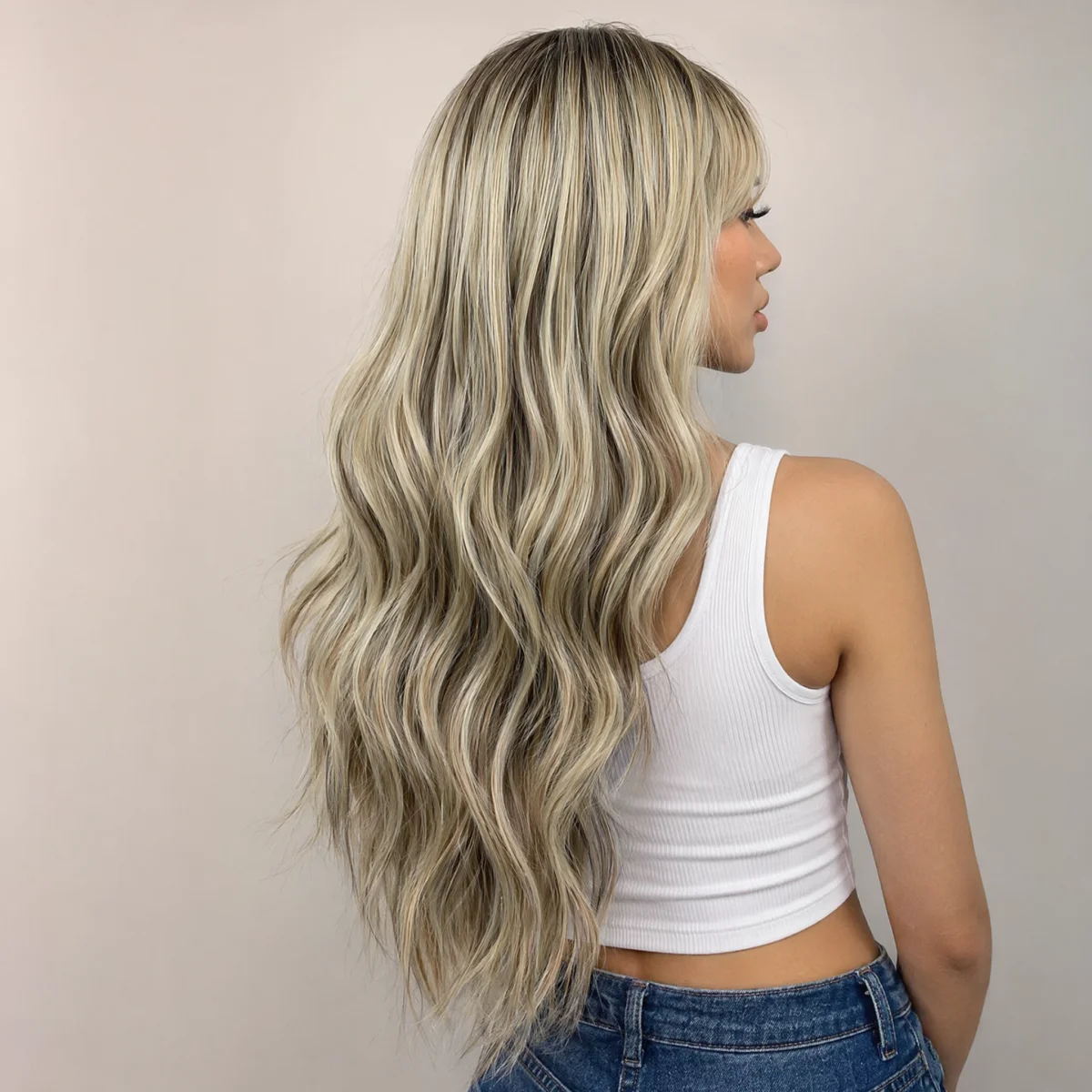 REEWES Ombre Blonde Long Black Wavy Synthetic Wig With Bang Daily Wear Anime Cosplay