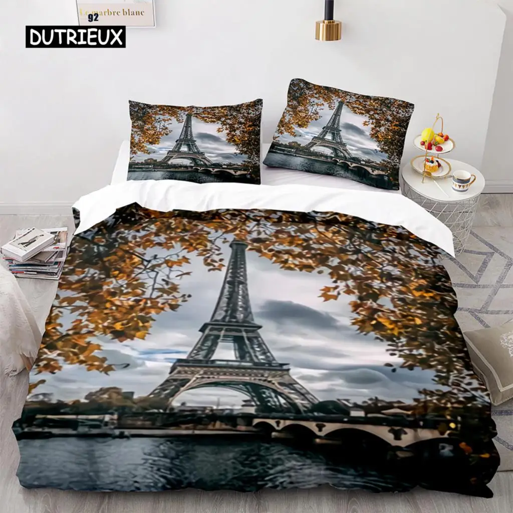 

Eiffel Tower Duvet Cover Set King Size Paris Cityscape Twin Bedding Set Modern French Style Polyester Comforter Cover Boys Girls