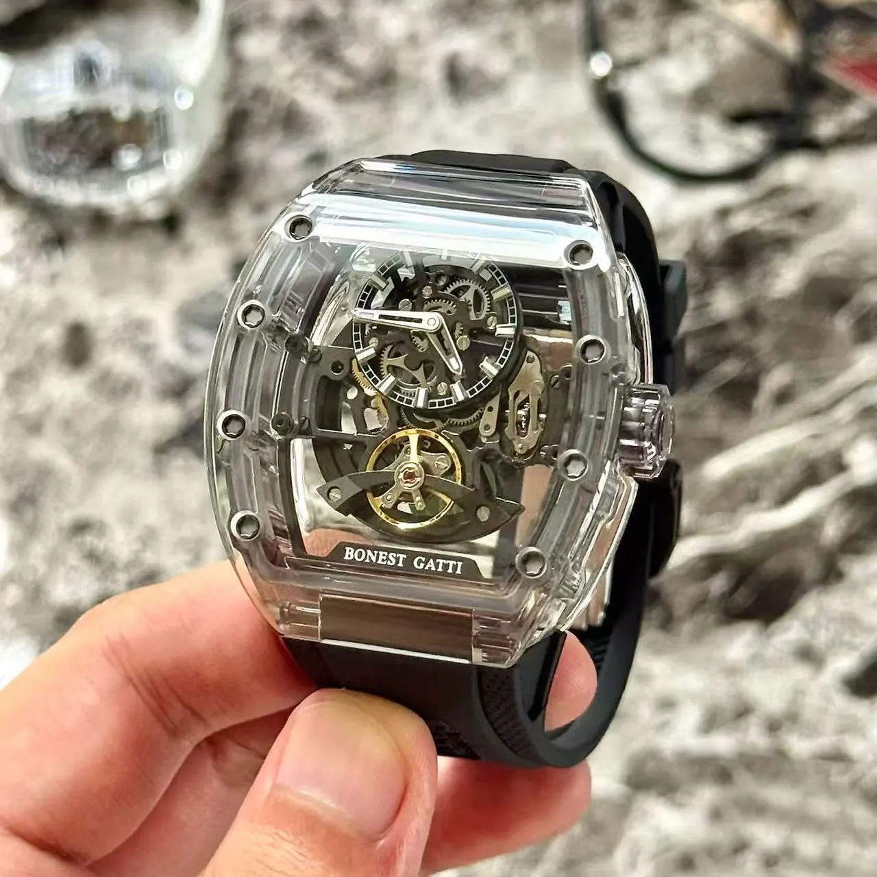 BONEST GATTI 2025 nuevo reloj automático para hombre Tonneau reloj de pulsera mecánico caja acylic zafiro Lume esfera hueca fluororubber