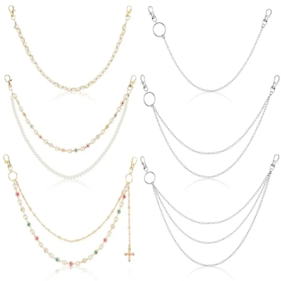 6 Pcs Pant Chains Layered Wallet Chain for Men Women Skull Pearl Chain Jean Accessories Fashion Metal Keychain
