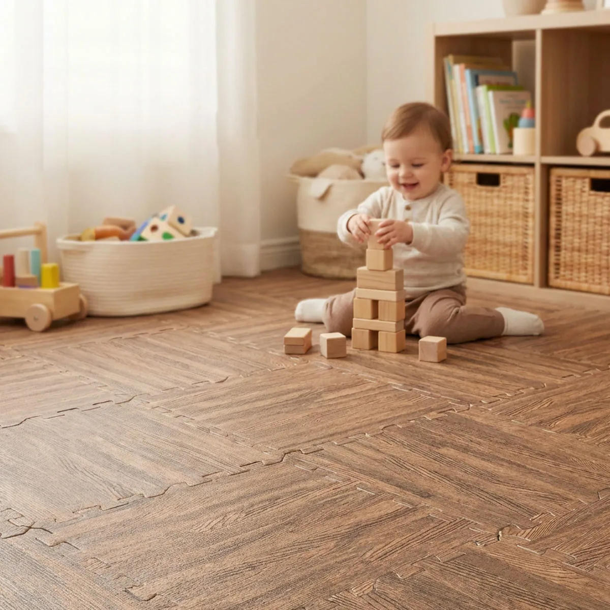 Wood Grain Interlocking EVA Foam Floor Tiles, 24 Pack 30x30cm Waterproof Puzzle Exercise Mat, 1cm Thick Noise Reduction Non Slip Foam Flooring for Living Room Bedroom Gym Kids Playroom view 7