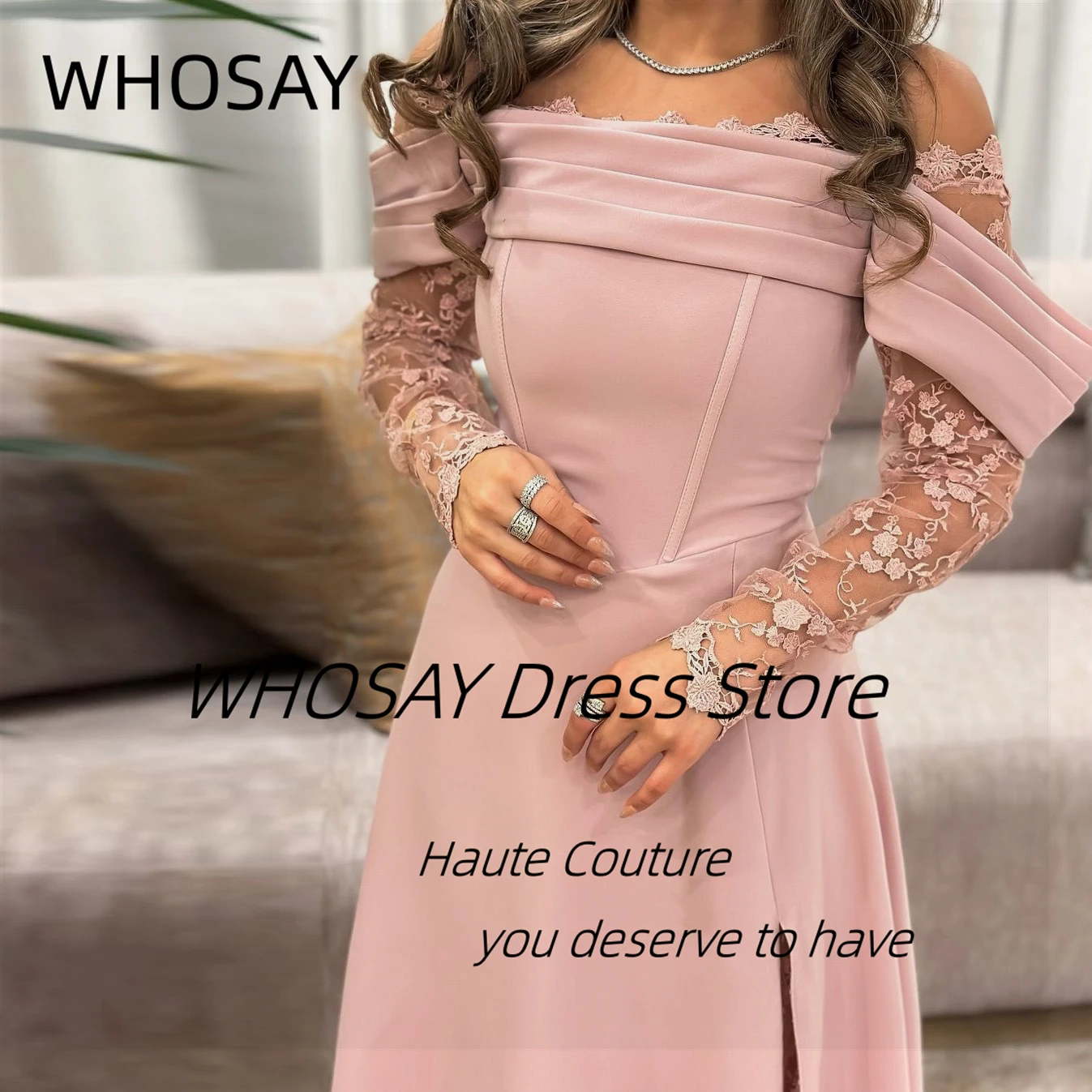 WHOSAY Saudi Arabia Women Boat Neck Evening Dresses Lace Long Sleeves Prom Dress Floor Length Wedding Guests Wear Special Gowns