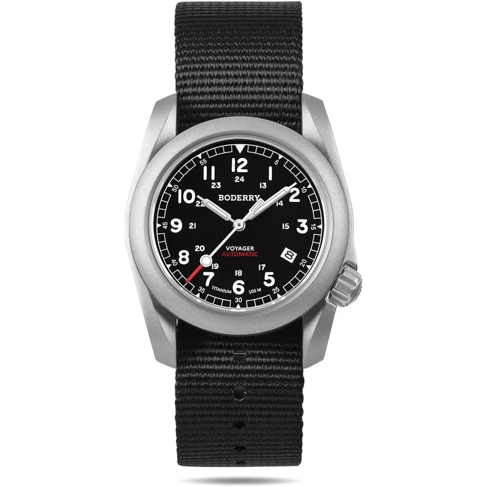 BODERRY Men's Watch Titanium Automatic ield Watch 40mm Military Watch Day Date unction 100M Waterproo with Nylon Strap Japanese