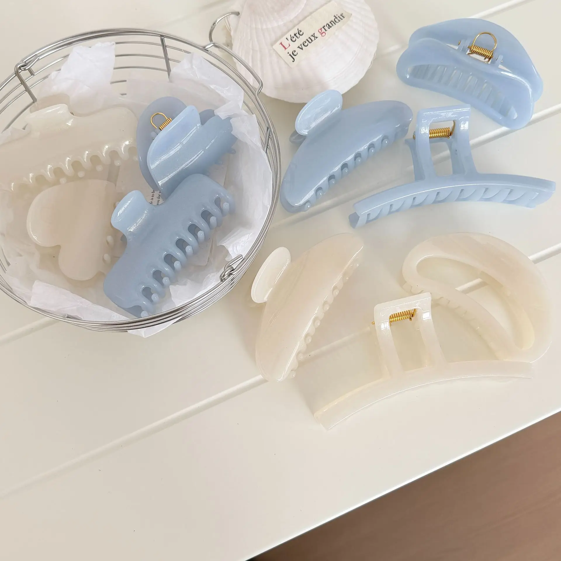 Hair Claw Clip Acetate Large Cream Light Blue Gentle Half Up Bun Back Head Versatile Daily Premium Sturdy Non Slip Strong Hold