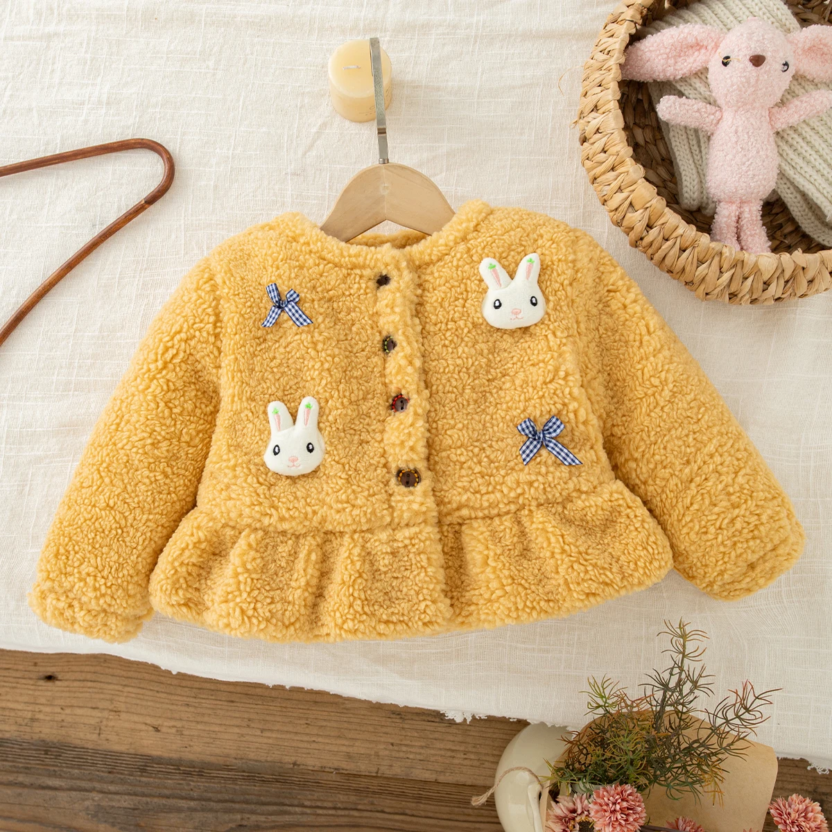 Baby Girl Jacket Winter Cotton Solid Color Bow Long Sleeved Baby Girl Coat Cartoon Thick Warm Baby Girl Clothing