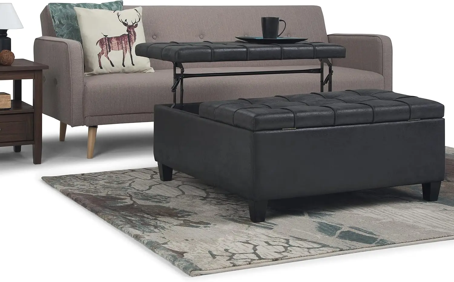 36 inch Wide Square Coffee Table Lift Top Storage Ottoman in Upholstered Distressed Black Tufted Faux Leather