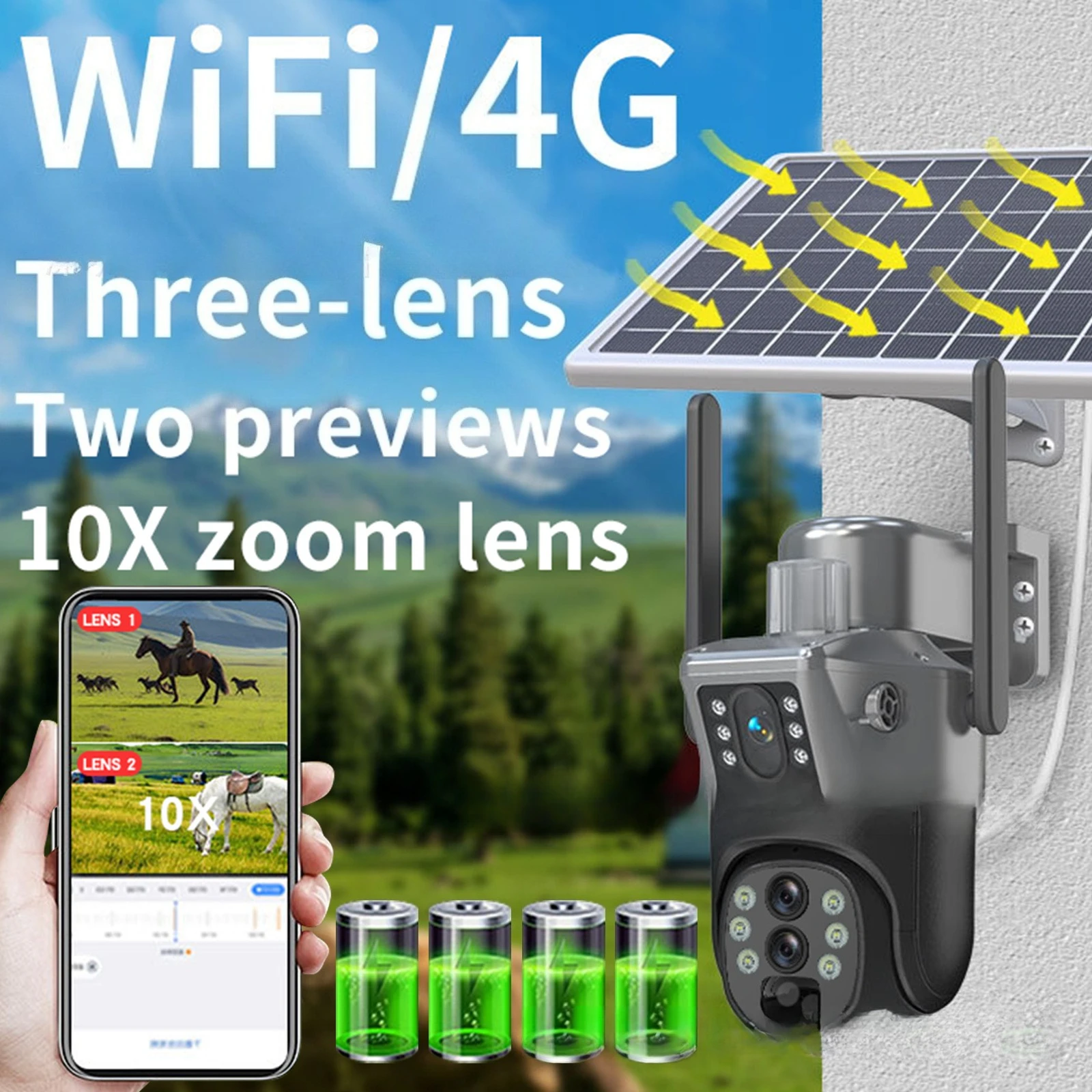 

4G Solar 3-Lens Gun & PTZ Combo - 10X Zoom Dual-Camera View Low Power Battery 1080P IP66 Waterproof V380 APP Control