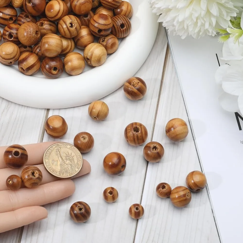 300Pcs 3 Sizes Natural Wood Beads Wooden Loose Beads 10mm 14mm 23mm Diameter Round Burlywood Beads Ball 4mm Hole Macrame Spacer