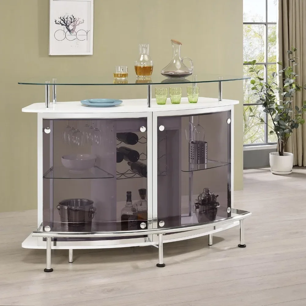 Modern Home Bar Table Wine Storage Cabinet, Tempered Glass Top & Shelves Smoked Acrylic Panels, White High Gloss & Chrome