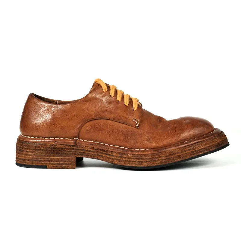 Handmade Business Casual Thick Soled Round Toe Derby Shoes Men's Genuine Leather Vintage Work Office Wedding Male Shoes