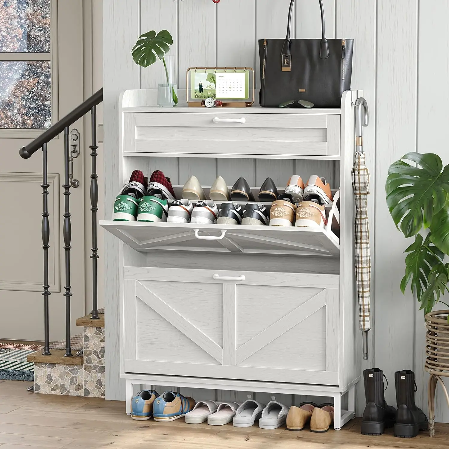 

Freestanding Shoe Storage Cabinet with 2 Flip Drawers and 1 Drawer, Shoe Cabinet with Legs for Entryway, Slim Shoe Cabinet