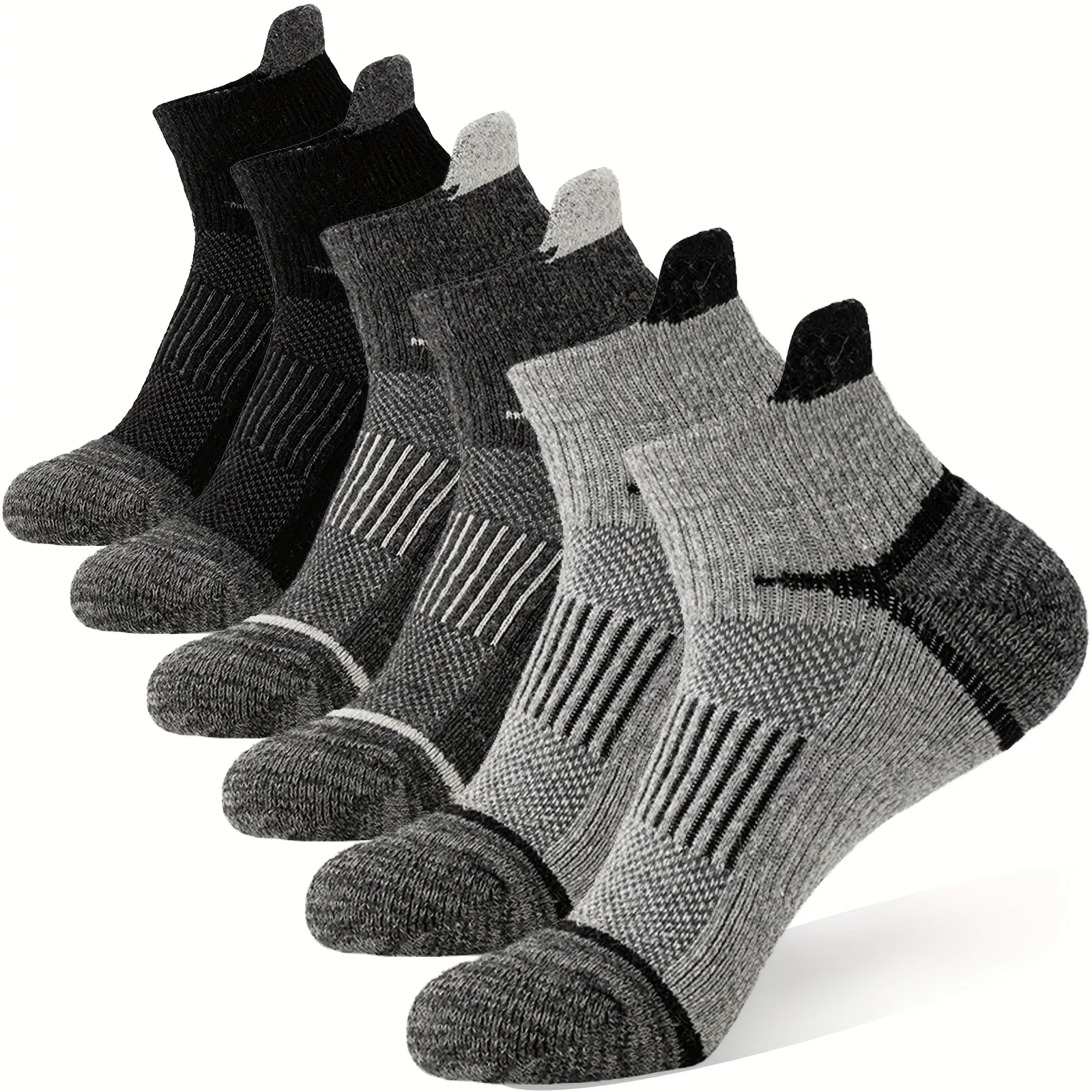 6 Paar Merino-Woll-Knöchelsocken zum Wandern und Laufen, Kompressionssocken mit Dicker Polsterung, Atmungsaktive Unsichtbare Socken für Männer und Frauen