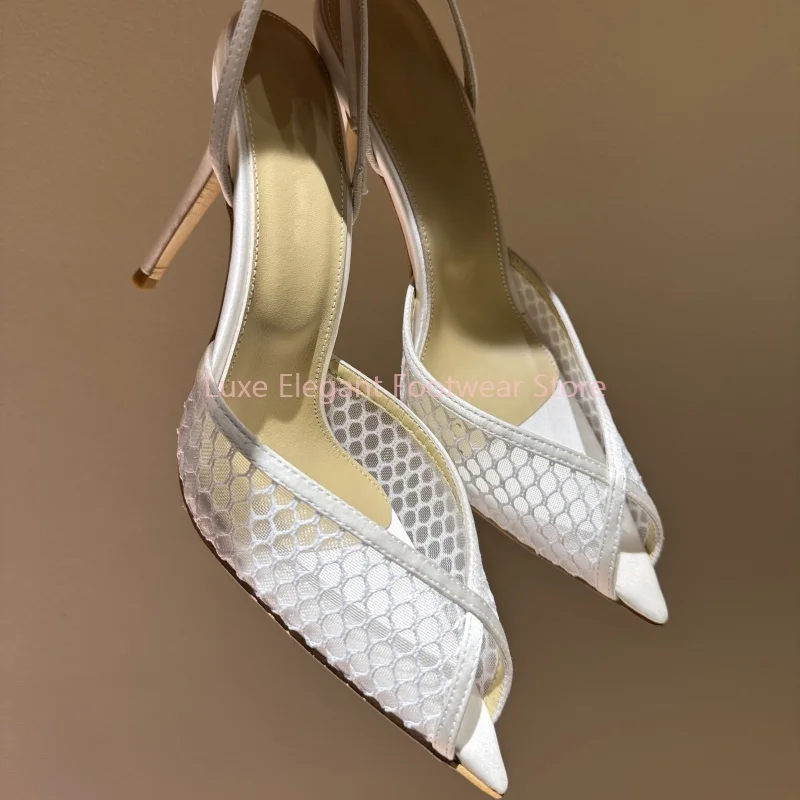 White Lace Pearl Rhinestone Slingback Stiletto Sandals Women Mesh Slip On Pointed Toe High Heels Elegant Elegant Party Prom Shoe