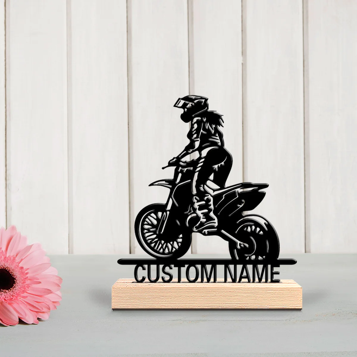 1pc Creative Motorcycle Girl Customizable Text Tin Statue Art Crafts With Wood Base With Wood Base For Home Desk Decor view 6