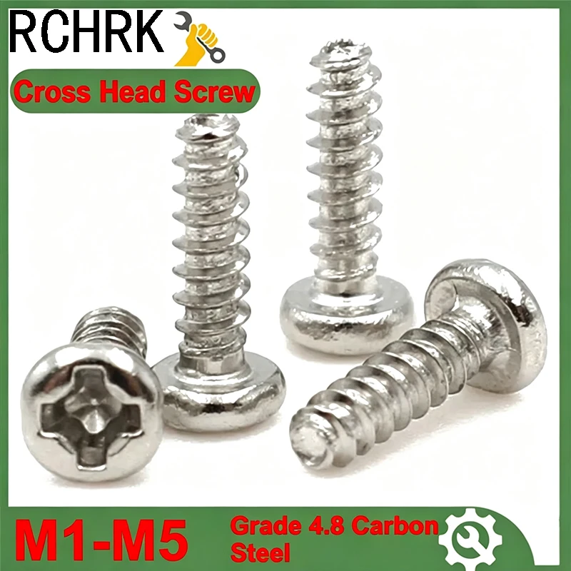 100pcs Nickel-Plated Carbon Steel M1 M1.2 M1.4 M1.7 M2 M3 M4 M5 Cross Recessed Round Head Self-Tapping Screw YB845