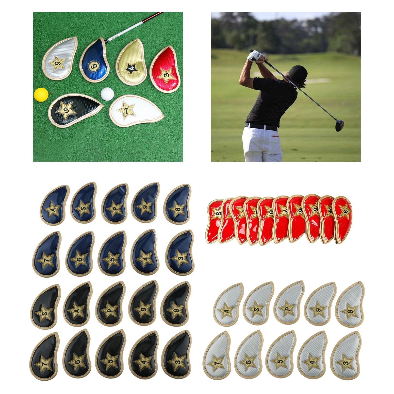 

10Pcs/Set Golf Iron Headcovers Red/Silver/Blue/Black PU Leather 16.5x9.5cm Glossy Surface for Most Irons Golf Accessories