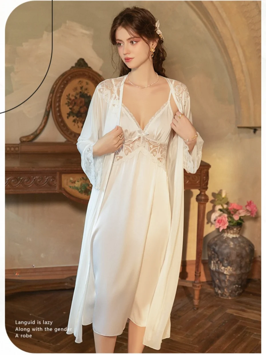 French Pure Desire Ice Silk Satin Skin Lace Splicing Sexy Hollow Back Strap Sleeping Skirt Outer Robe Women's Home Clothing Set