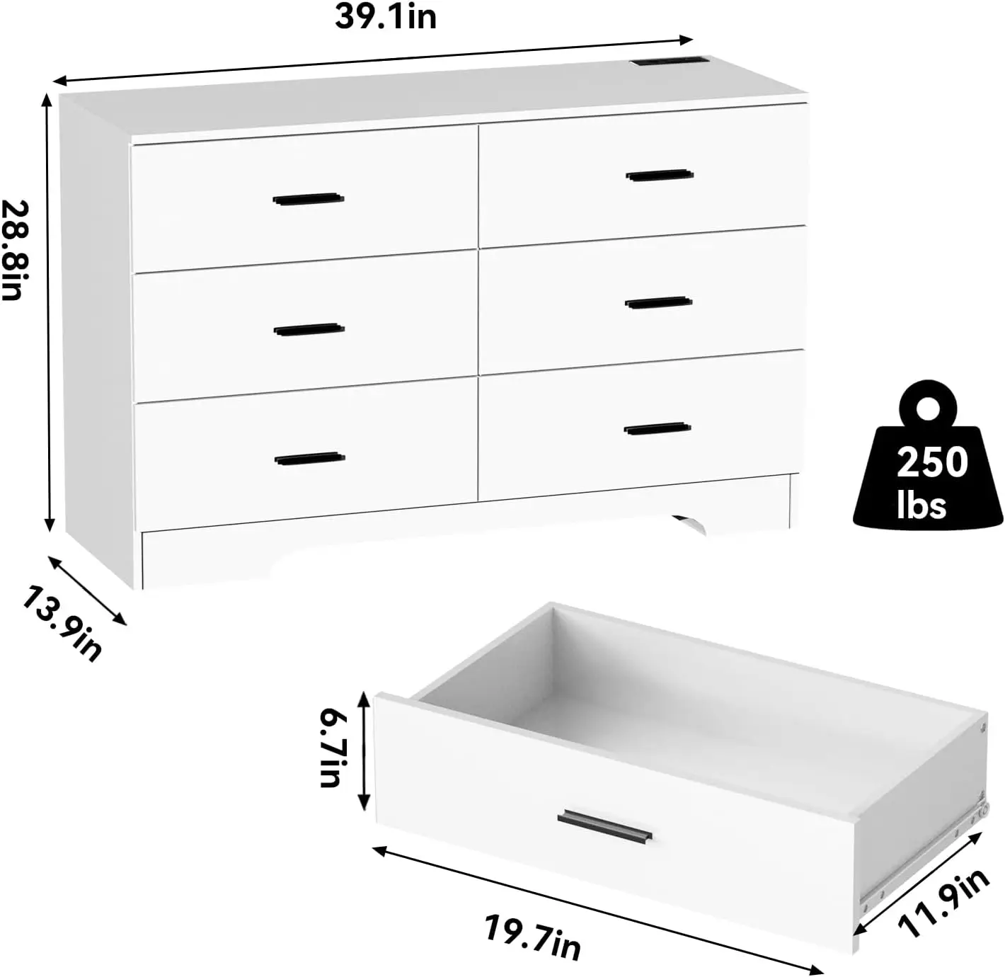 Con tomas de corriente Cómoda de madera de 6 cajones con puerto USB y tipo C C C cómoda para dormitorio cómoda blanca alta almacenamiento para