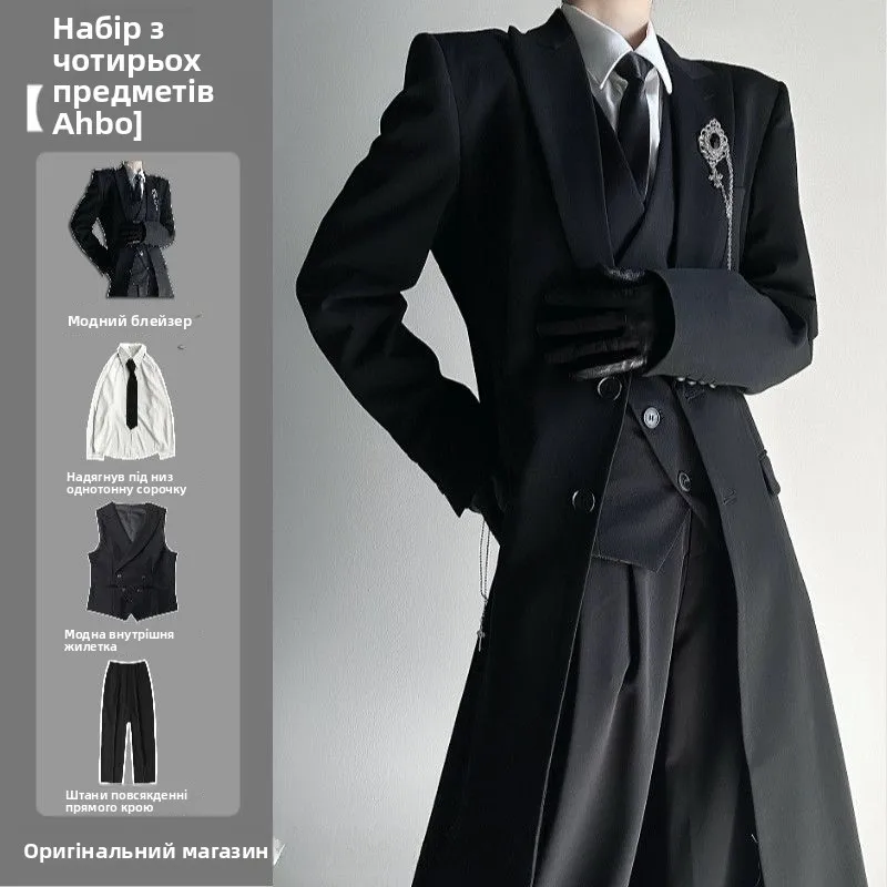 New 2025 Mens Long Tailored Coat Jaet Set Neutral Sle Premium Bla oulder Level Suit Four Piece Suit Casual Autumn Wear