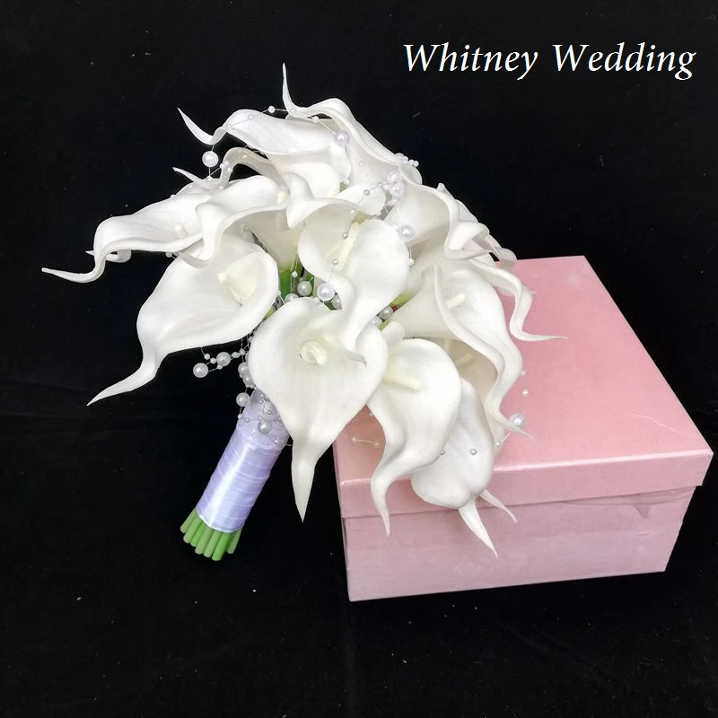 Branco calla lírios nupcial de seda casamento bouquet toque natural com pérolas dama de honra flor mariage ramo novia