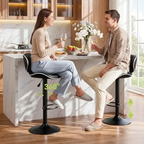 PU Leather Adjustable Bar Stools, Modern Swivel Airlift Barstools with Back, Armless Counter Height Chairs for Kitchen view 3