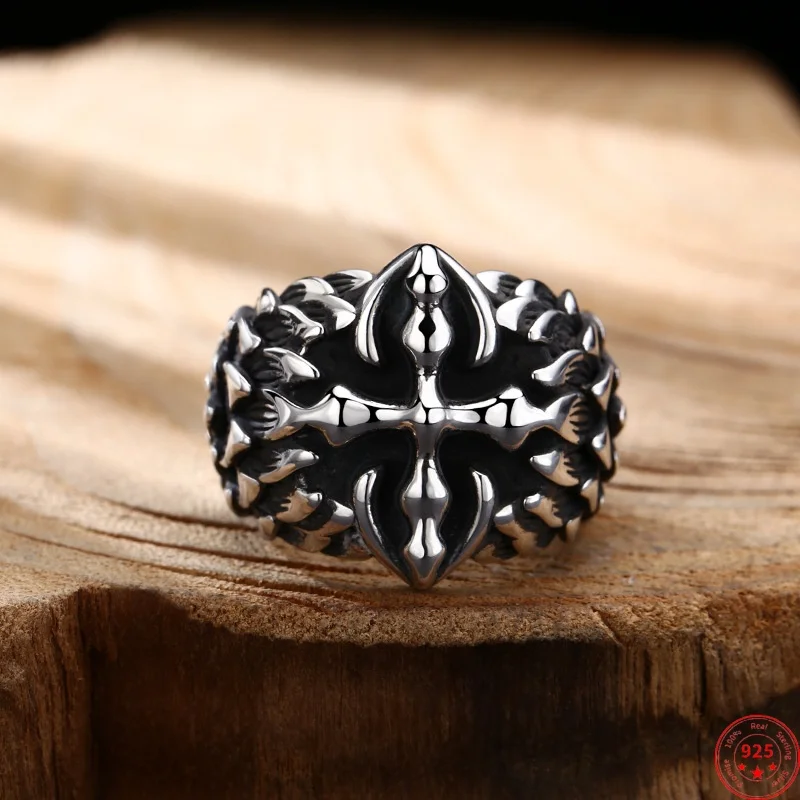 S925 Sterling Silver Charms Rings for Men Women New Fashion Acient Emboss Pattern  Dark-cross  Personality Jewelry