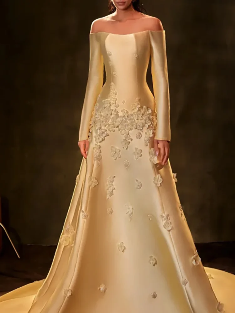 高級サテンオフショルダーアップリケ A ラインフォーマルイブニングドレス誕生日パーティーウエディングドレスカスタマイズ