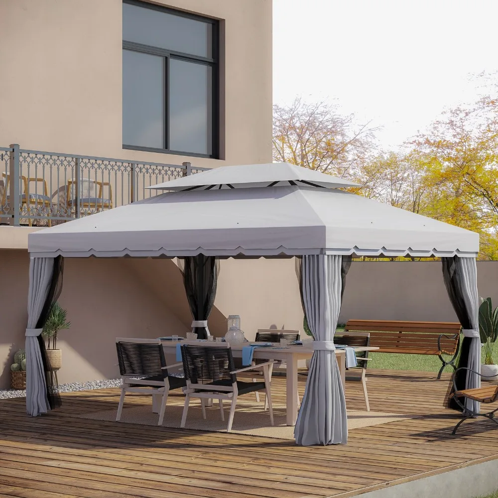 

10' x 13' Patio Gazebo, Aluminum, Mesh Netting, 2 Tier Polyester Roof Light Gray