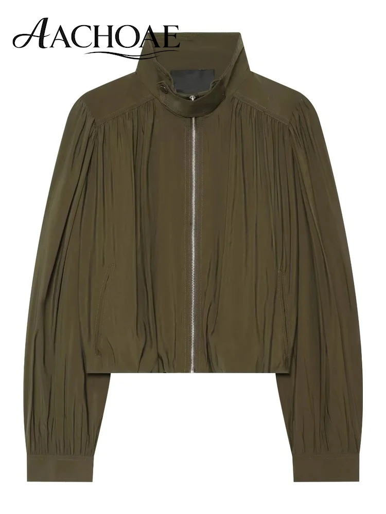 AACHOAE Women Cropped Jacket Ruched Shoulder Stand Collar Zip Up Balloon Sleeve Loose Lightweight Casual Windbreaker Outerwear
