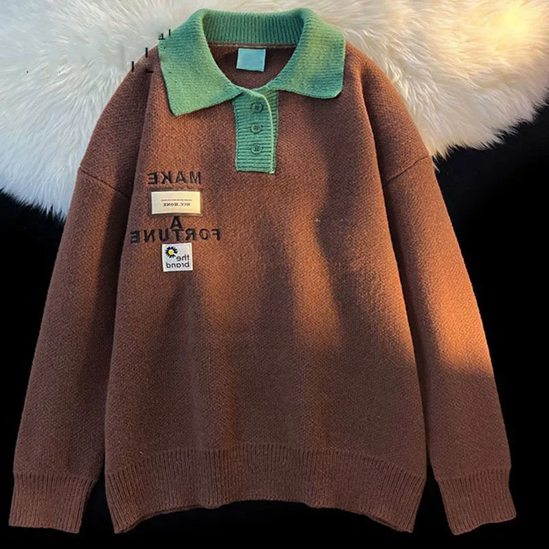 Novo vintage polo pescoço camisa de malha das mulheres dos homens vestido para os amantes outono inverno quente base camisa feminina casual pulôver camisola jaqueta