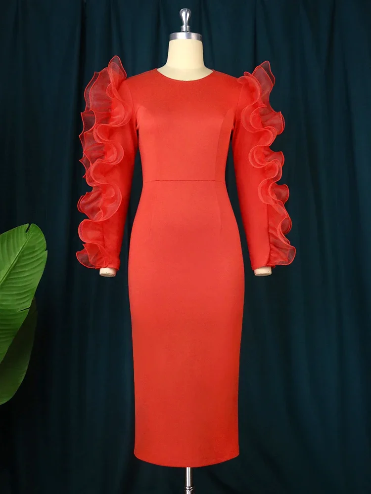 Vestido Bodycon vermelho manga longa feminino, Tamanhos Grandes, Tule, Plissado, Elegante, Vestidos de Aniversário, Elegante, Noite, Coquetel, Roupas de Festa, Femininas