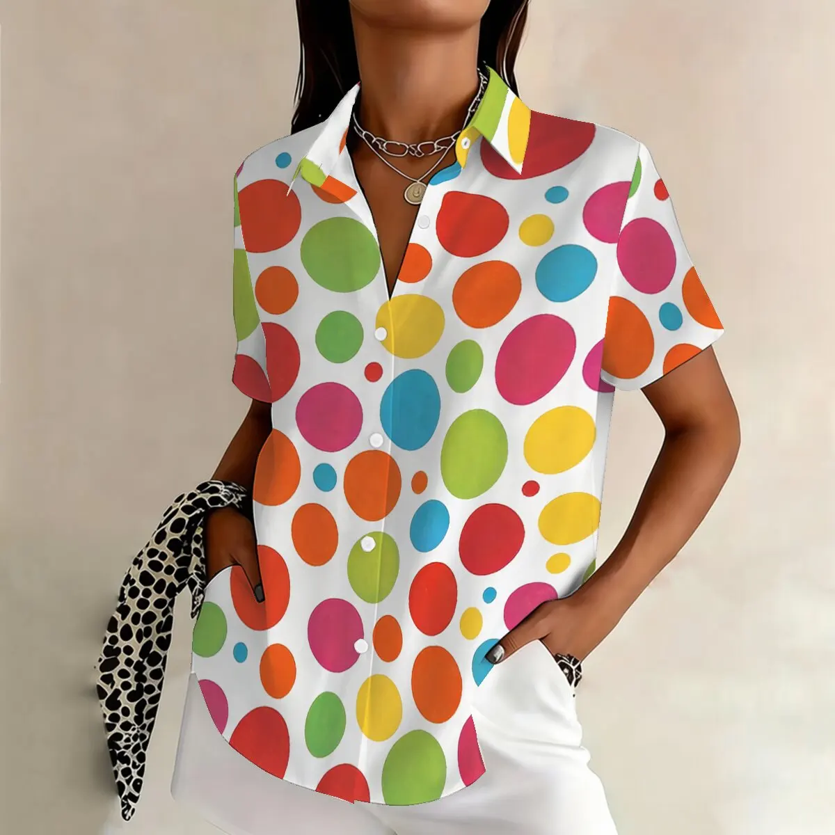 

Summer women's plus-size short-sleeve shirt, colorful polka dots, energetic and lively, stylish and eye-catching for dating