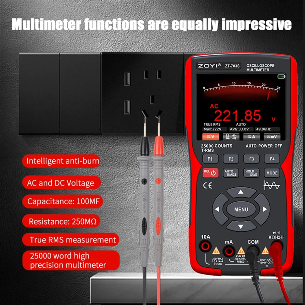AA98 ZT702S Digital Oscilloscope Multimeter Transistor Tester 50MHz Bandwidth 280MS Sampling Rate Support Waveform Storage