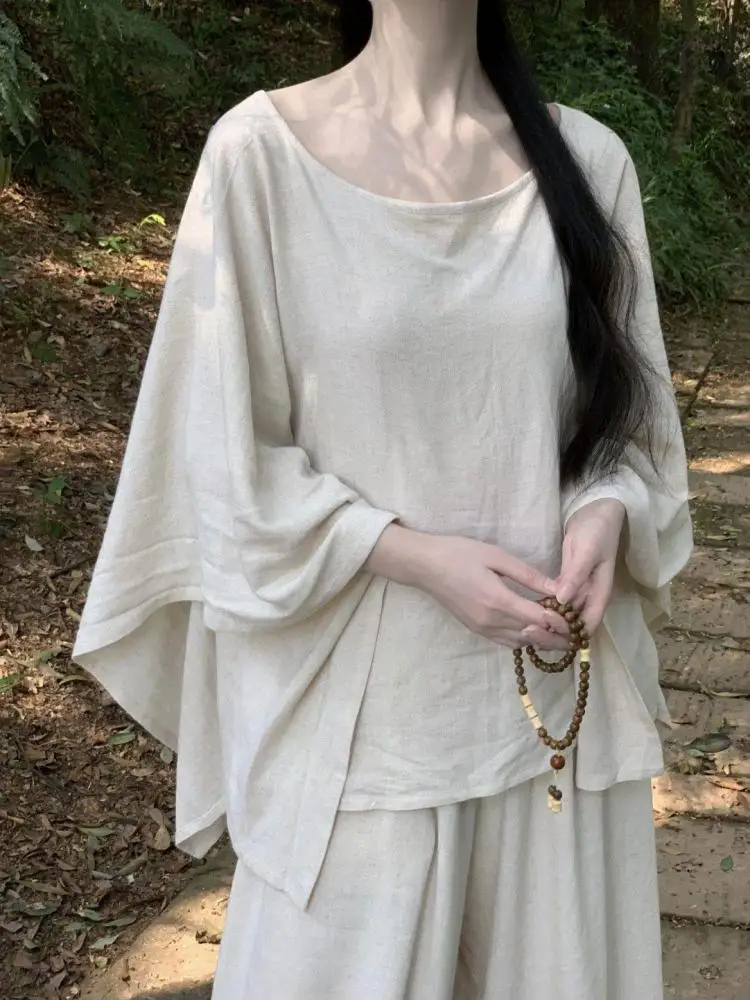 

Новый комплект из двух предметов: льняной костюм Ханьфу в стиле Дзен, бежевый, свободный, струящийся, ручной работы, нишевый, китайский, повседневный, для медитации, весна-лето 2026