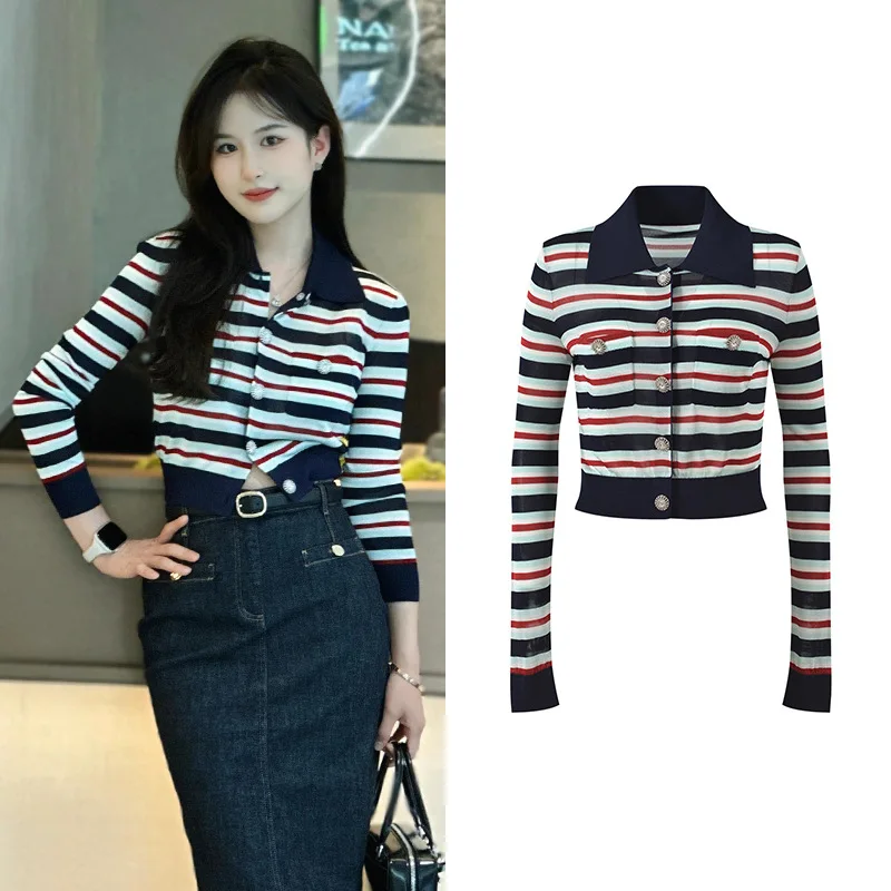 

Ранняя осень 2025 г. Красно-синий цвет Blo Slim Fit ort Вязаный кардиган irt Design Sense Женский топ в полоску с отложным воротником