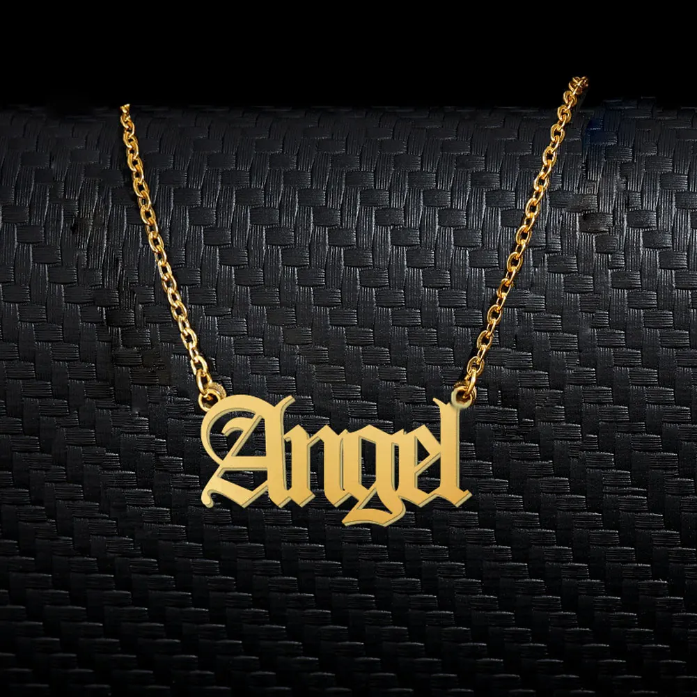 

Angel Name Necklace Stainless Steel for Women Jewelry Old English Style Nameplate Pendant Femme Mothers Girlfriend Gift