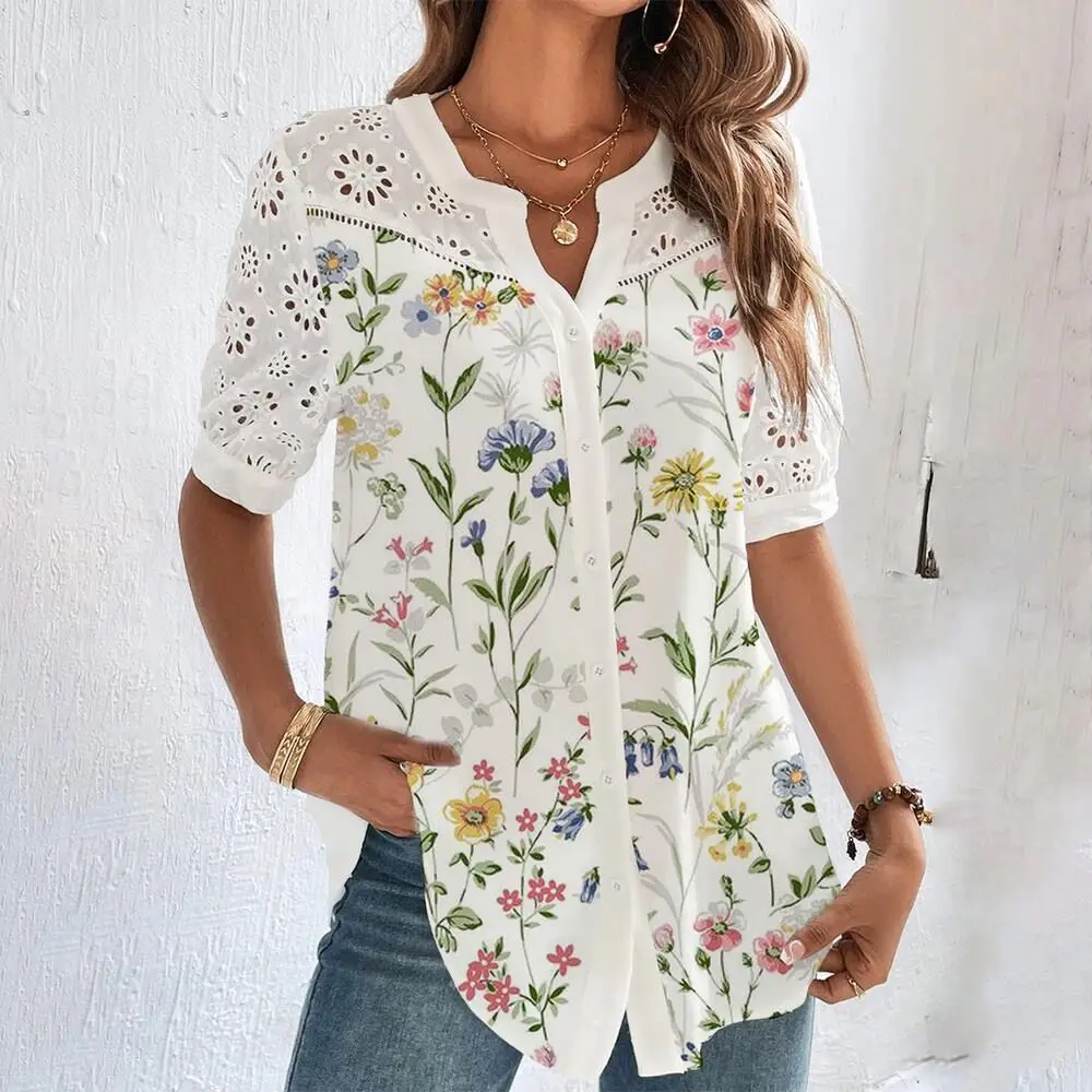 Summer Temperament Lace Loose Woman Shirt Elegant Casual  Shirt Woman Short Sleeve Blouse Weekend Top