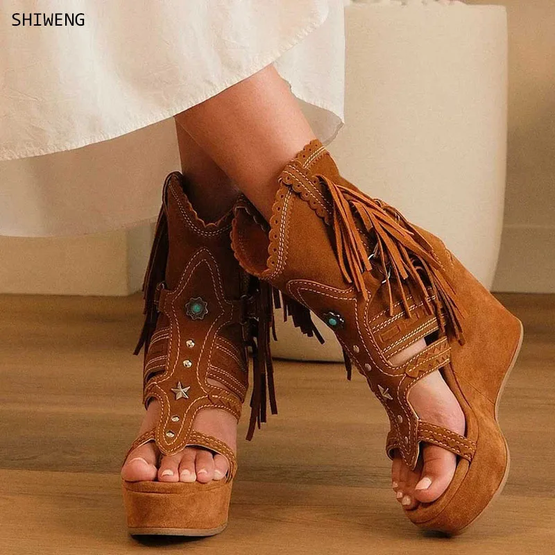 

2025 Women Wedges Size 35-44 Summer Flock Sandal Tassel Decorate Ankle Strap Men Casual Dress Platform Shoes