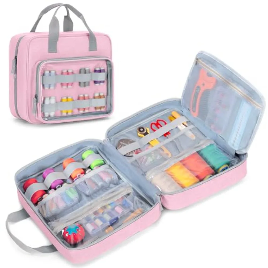 

Sewing Storage Organizer with Folio Open Design Sewing Organizer Bag with Versatile Pockets for Sewing Kits Pink